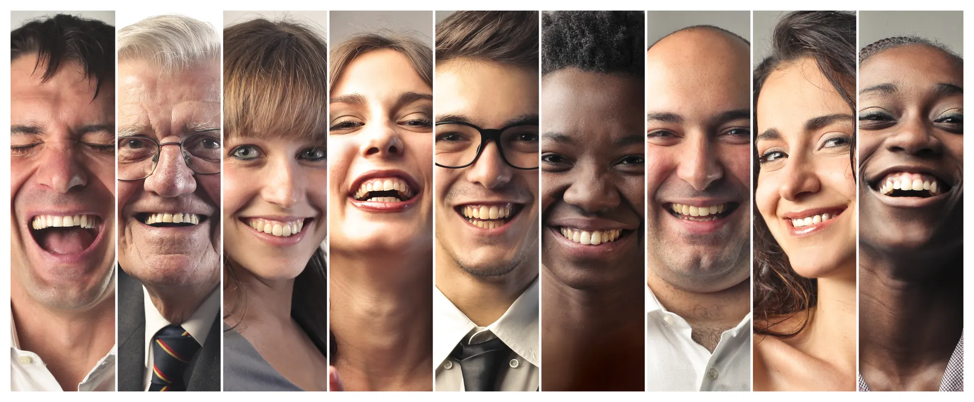 A row of portraits of smiling people of different ages