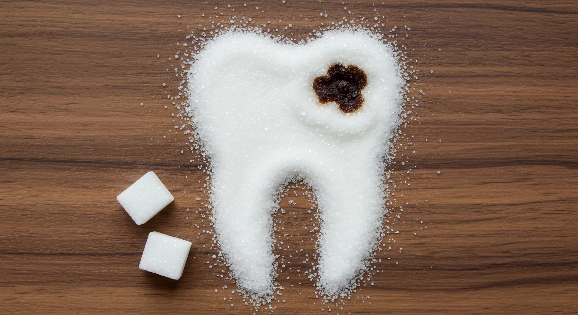 A tooth made of sugar cubes with a cavity on a wooden background