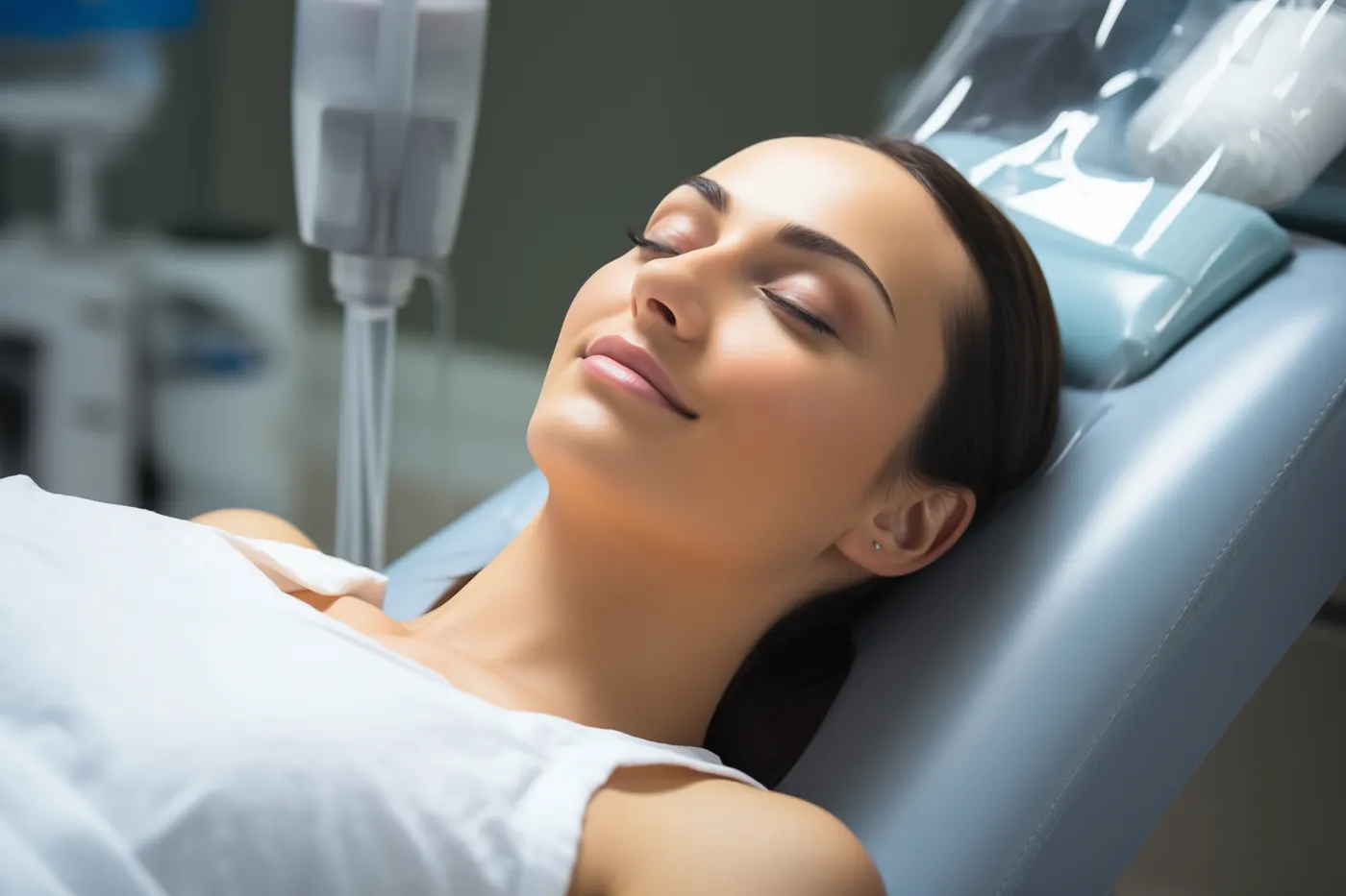 A woman resting with her eyes closed in a dental chair